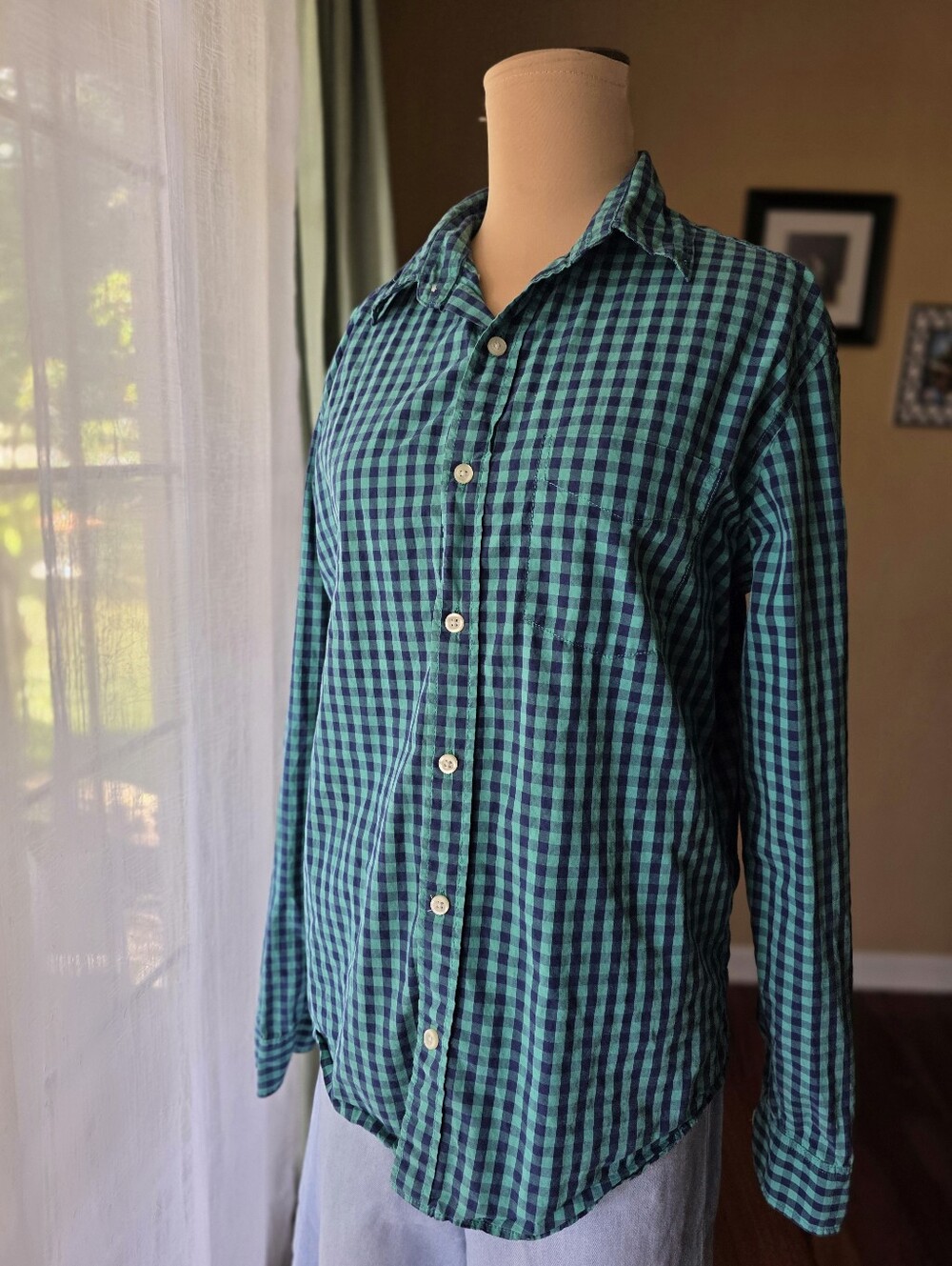 Men's Gap Small Blue and Green Plaid Button Down Shirt - 100% Cotton Gingham